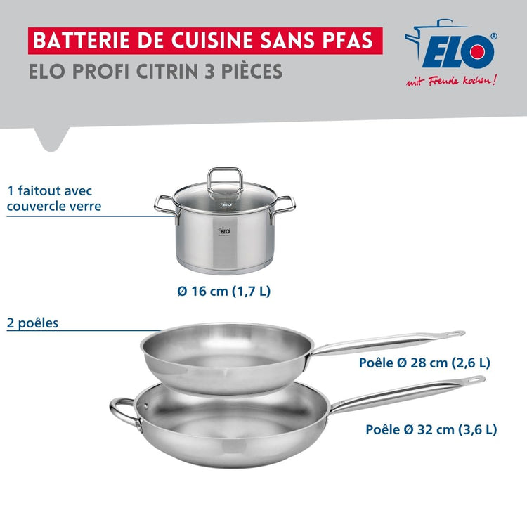 Ensemble de 2 Poêles de cuisson 28 et 32 cm et 1 faitout 16 cm Elo Profi Citrin