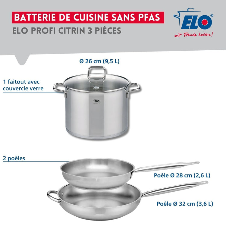 Ensemble de 2 Poêles de cuisson 28 et 32 cm et 1 faitout 26 cm Elo Profi Citrin