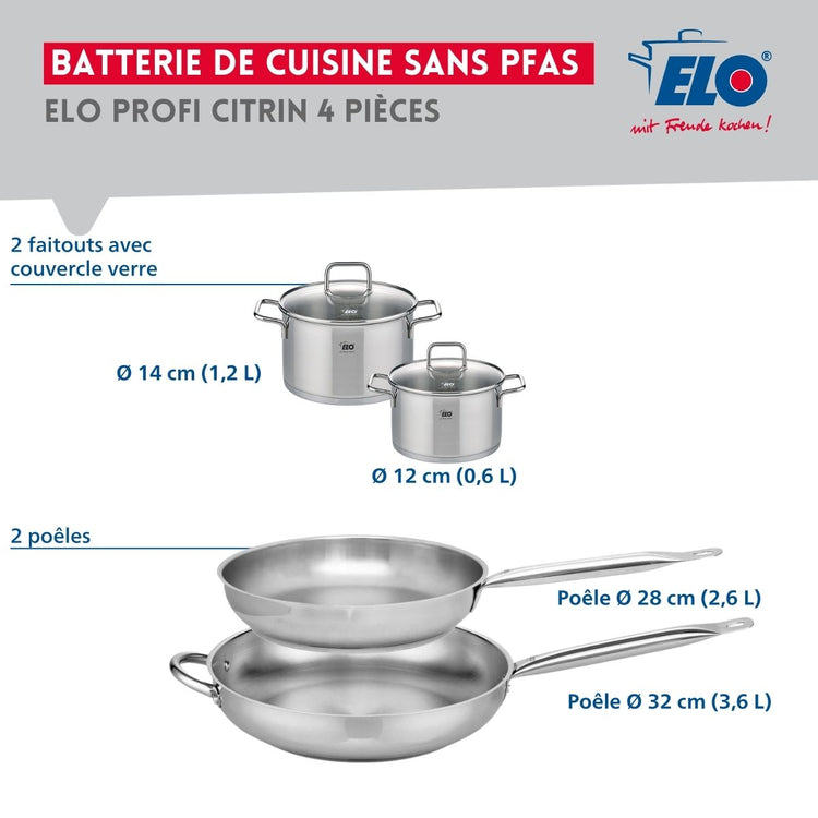 Ensemble de 2 Poêles de cuisson 28 et 32 cm et 2 faitouts 12 et 14 cm Elo Profi Citrin