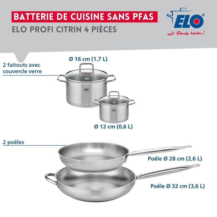 Ensemble de 2 Poêles de cuisson 28 et 32 cm et 2 faitouts 12 et 16 cm Elo Profi Citrin