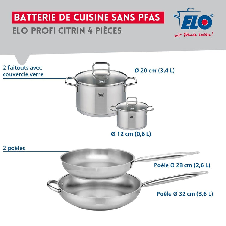 Ensemble de 2 Poêles de cuisson 28 et 32 cm et 2 faitouts 12 et 20 cm Elo Profi Citrin