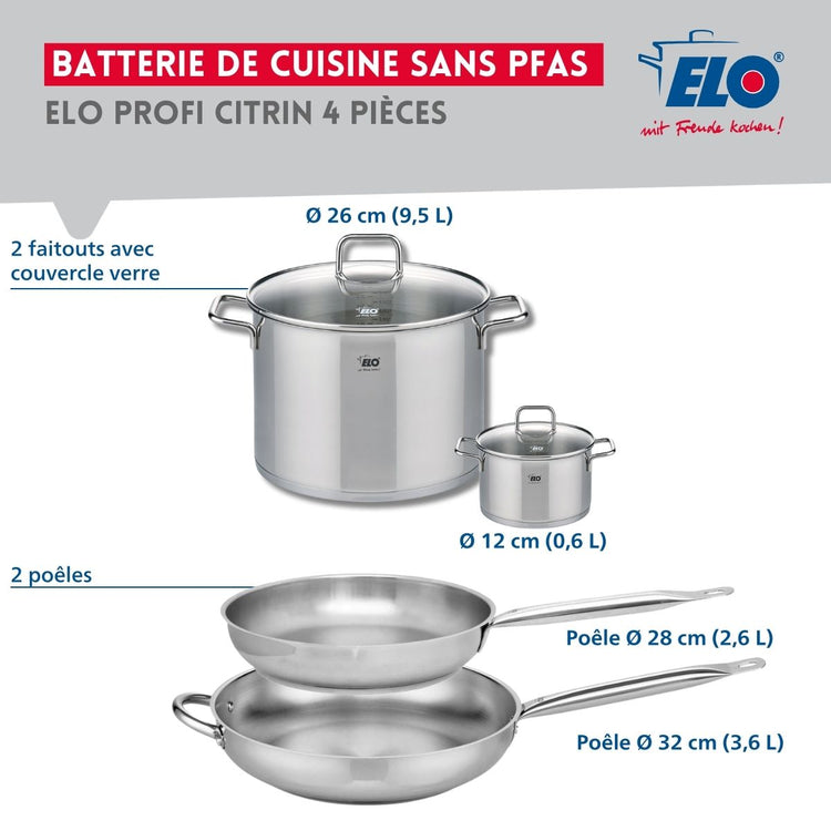 Ensemble de 2 Poêles de cuisson 28 et 32 cm et 2 faitouts 12 et 26 cm Elo Profi Citrin