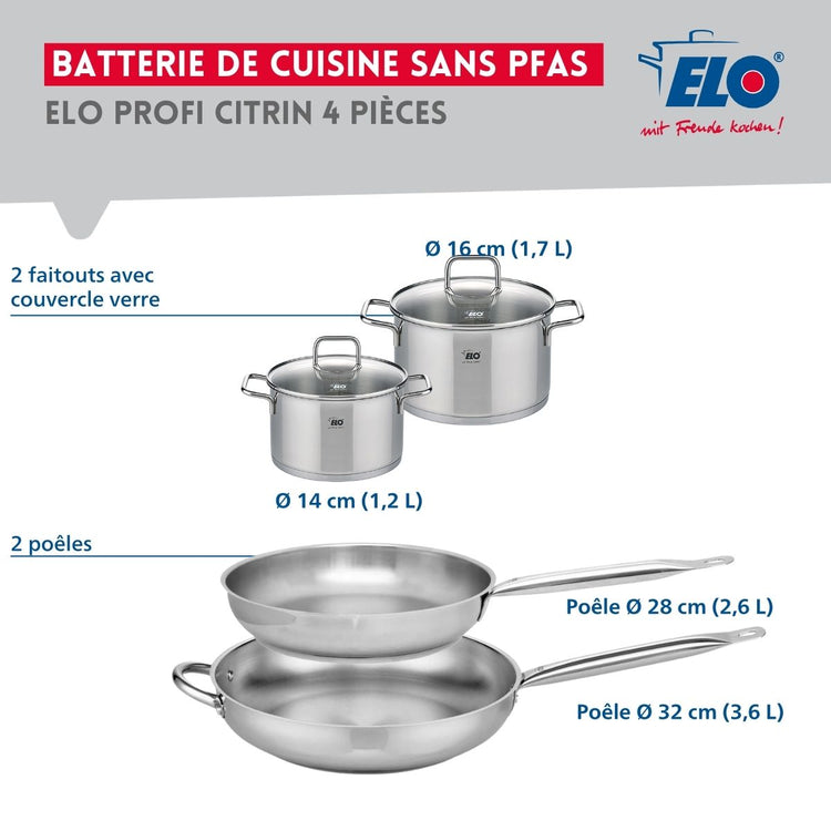 Ensemble de 2 Poêles de cuisson 28 et 32 cm et 2 faitouts 14 et 16 cm Elo Profi Citrin