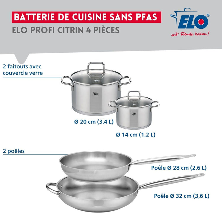 Ensemble de 2 Poêles de cuisson 28 et 32 cm et 2 faitouts 14 et 20 cm Elo Profi Citrin