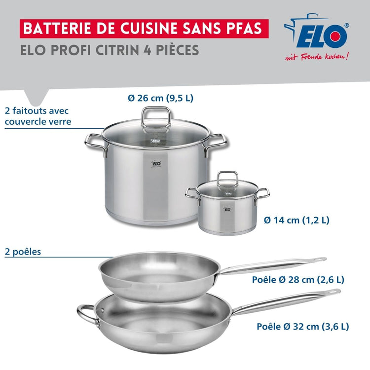 Ensemble de 2 Poêles de cuisson 28 et 32 cm et 2 faitouts 14 et 26 cm Elo Profi Citrin