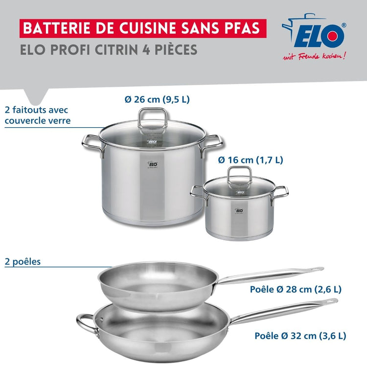 Ensemble de 2 Poêles de cuisson 28 et 32 cm et 2 faitouts 16 et 26 cm Elo Profi Citrin