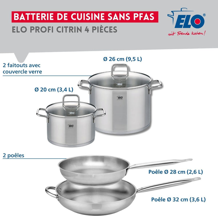 Ensemble de 2 Poêles de cuisson 28 et 32 cm et 2 faitouts 20 et 26 cm Elo Profi Citrin