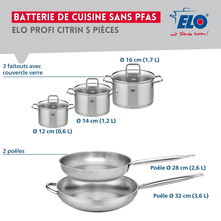 Ensemble de 2 Poêles de cuisson 28 et 32 cm et 3 faitouts 12, 14 et 16 cm Elo Profi Citrin