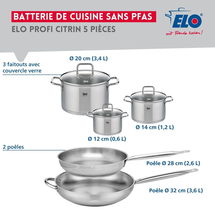 Ensemble de 2 Poêles de cuisson 28 et 32 cm et 3 faitouts 12, 14 et 20 cm Elo Profi Citrin