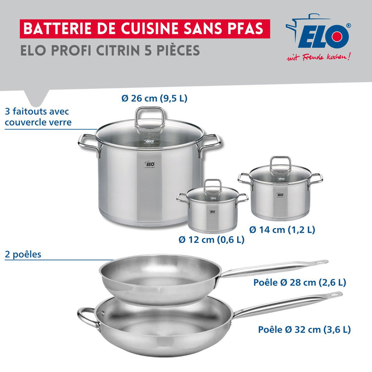 Ensemble de 2 Poêles de cuisson 28 et 32 cm et 3 faitouts 12, 14 et 26 cm Elo Profi Citrin