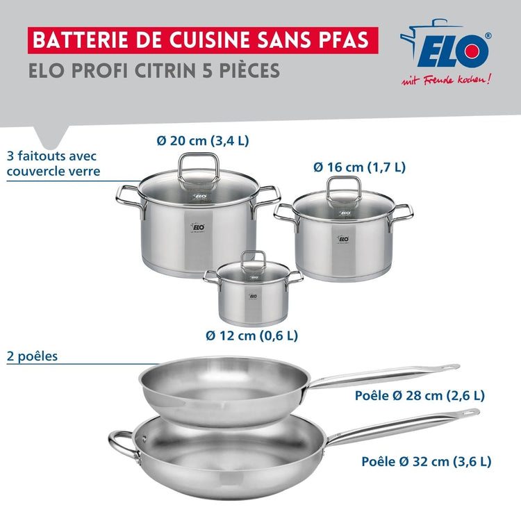 Ensemble de 2 Poêles de cuisson 28 et 32 cm et 3 faitouts 12, 16 et 20 cm Elo Profi Citrin