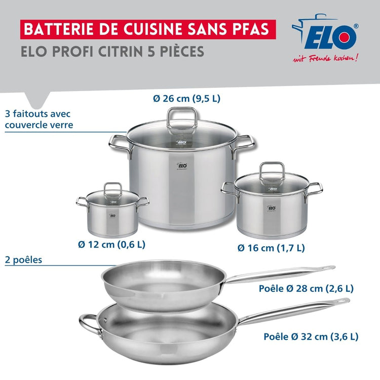 Ensemble de 2 Poêles de cuisson 28 et 32 cm et 3 faitouts 12, 16 et 26 cm Elo Profi Citrin