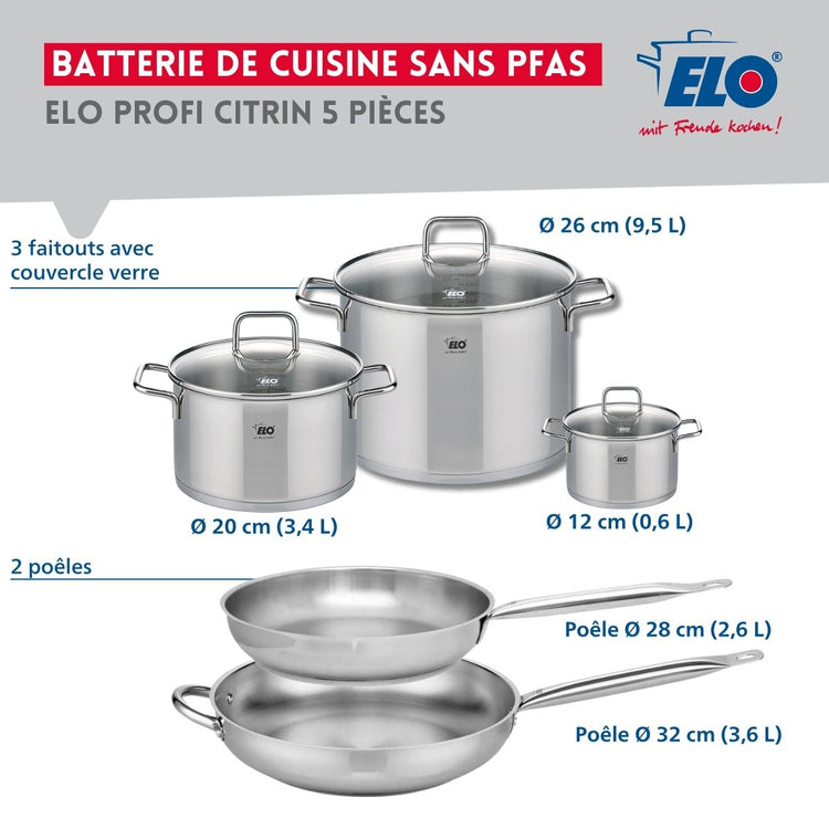 Ensemble de 2 Poêles de cuisson 28 et 32 cm et 3 faitouts 12, 20 et 26 cm Elo Profi Citrin