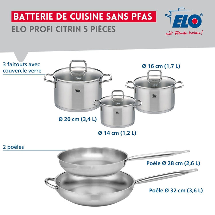 Ensemble de 2 Poêles de cuisson 28 et 32 cm et 3 faitouts 14, 16 et 20 cm Elo Profi Citrin