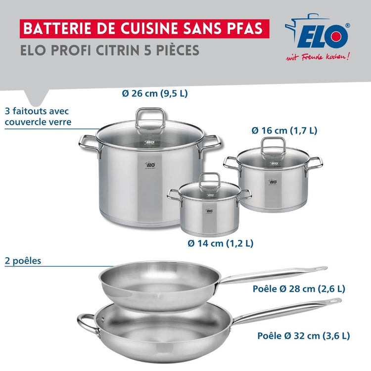 Ensemble de 2 Poêles de cuisson 28 et 32 cm et 3 faitouts 14, 16 et 26 cm Elo Profi Citrin