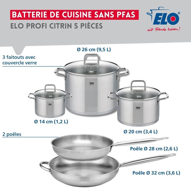 Ensemble de 2 Poêles de cuisson 28 et 32 cm et 3 faitouts 14, 20 et 26 cm Elo Profi Citrin