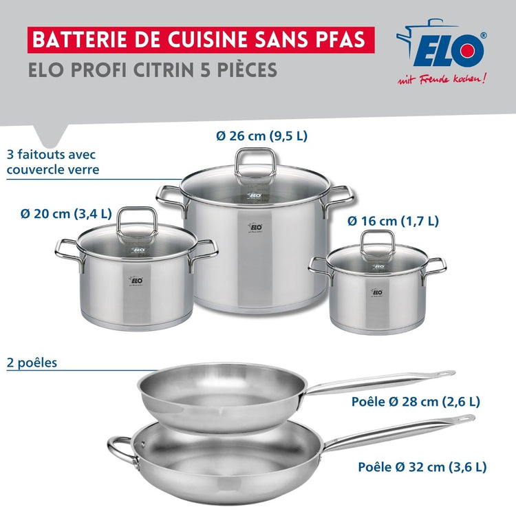 Ensemble de 2 Poêles de cuisson 28 et 32 cm et 3 faitouts 16, 20 et 26 cm Elo Profi Citrin