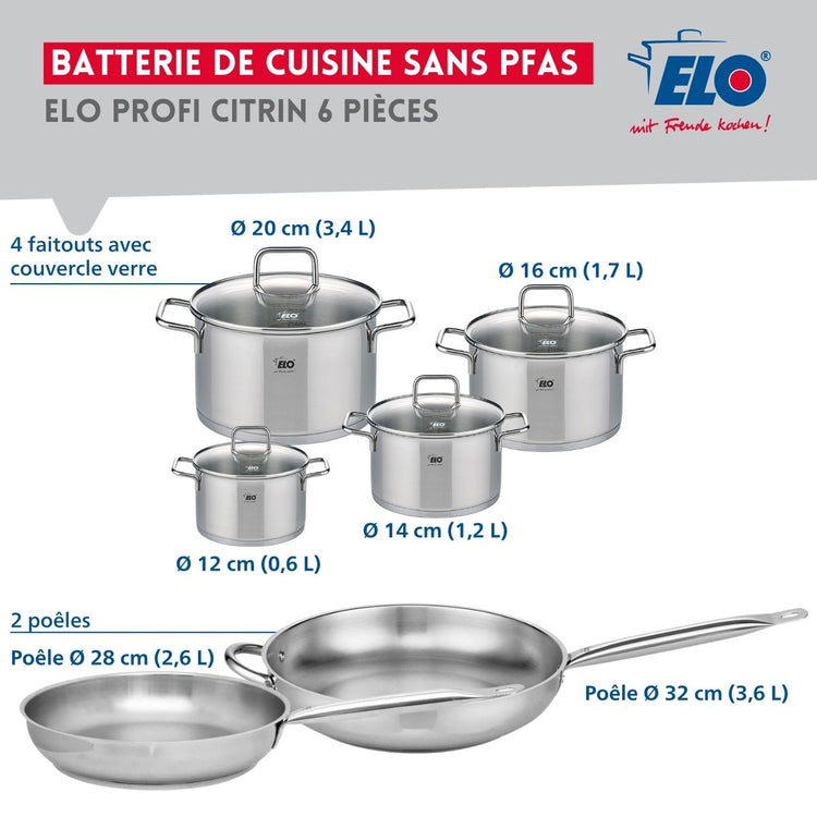 Ensemble de 2 Poêles de cuisson 28 et 32 cm et 4 faitouts 12, 14, 16 et 20 cm Elo Profi Citrin