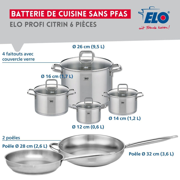 Ensemble de 2 Poêles de cuisson 28 et 32 cm et 4 faitouts 12, 14, 16 et 26 cm Elo Profi Citrin