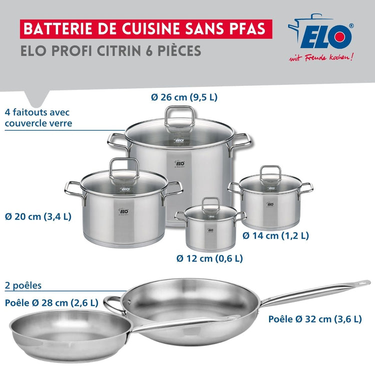 Ensemble de 2 Poêles de cuisson 28 et 32 cm et 4 faitouts 12, 14, 20 et 26 cm Elo Profi Citrin