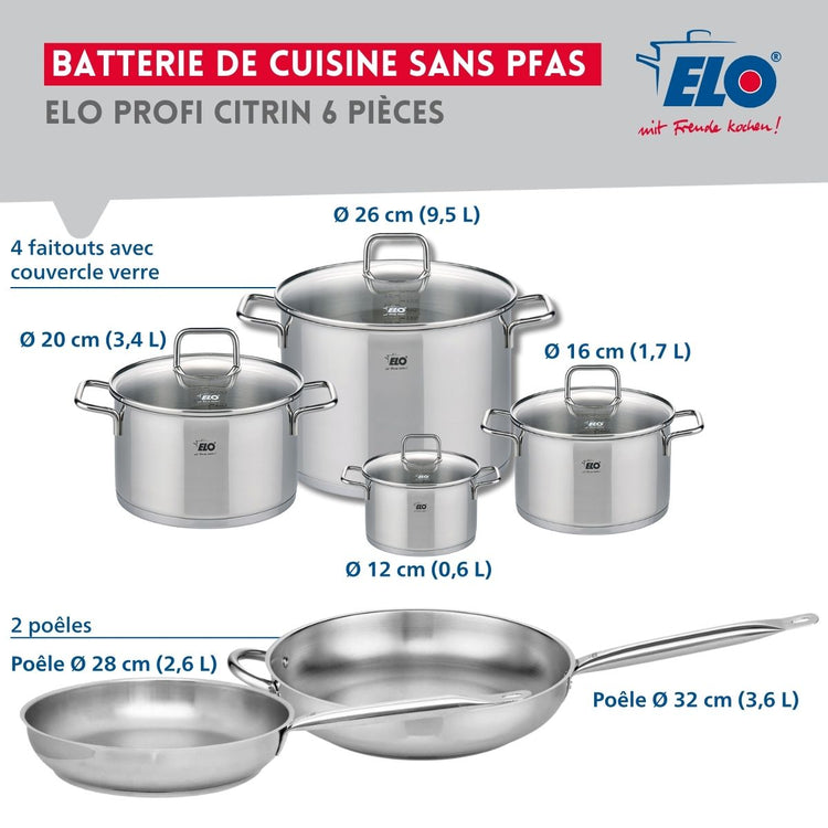 Ensemble de 2 Poêles de cuisson 28 et 32 cm et 4 faitouts 12, 16, 20 et 26 cm Elo Profi Citrin