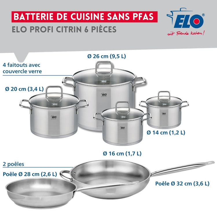 Ensemble de 2 Poêles de cuisson 28 et 32 cm et 4 faitouts 14, 16, 20 et 26 cm Elo Profi Citrin