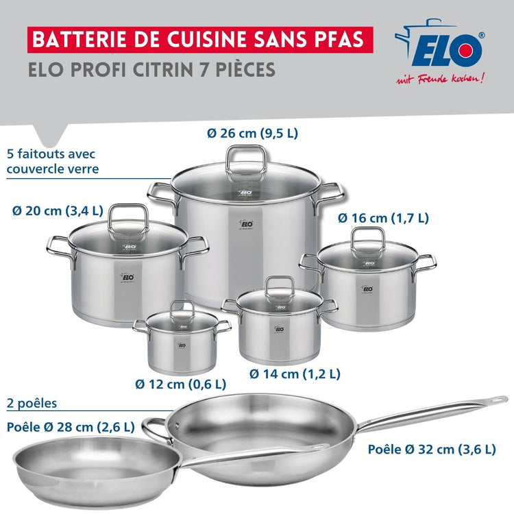 Ensemble de 2 Poêles de cuisson 28 et 32 cm et 5 faitouts 12, 14, 16, 20 et 26 cm Elo Profi Citrin