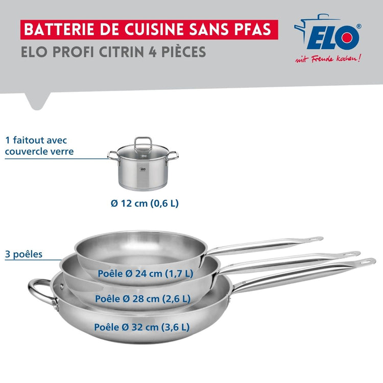 Ensemble de 3 Poêles de cuisson 24, 28 et 32 cm et 1 faitout 12 cm Elo Profi Citrin