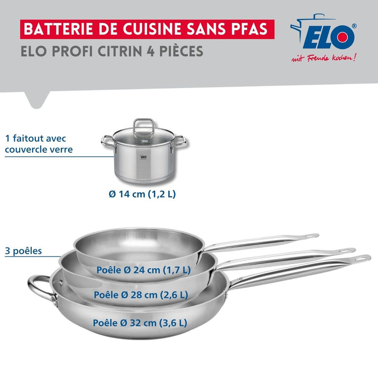 Ensemble de 3 Poêles de cuisson 24, 28 et 32 cm et 1 faitout 14 cm Elo Profi Citrin