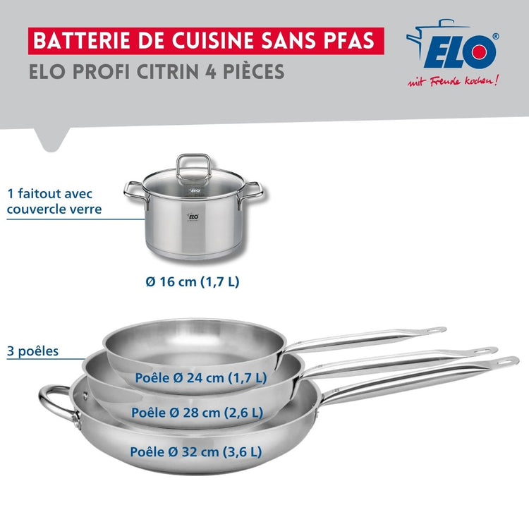 Ensemble de 3 Poêles de cuisson 24, 28 et 32 cm et 1 faitout 16 cm Elo Profi Citrin