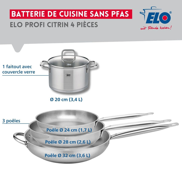 Ensemble de 3 Poêles de cuisson 24, 28 et 32 cm et 1 faitout 20 cm Elo Profi Citrin