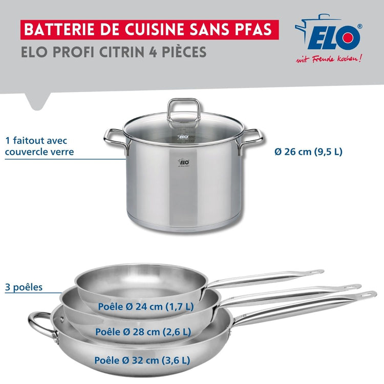 Ensemble de 3 Poêles de cuisson 24, 28 et 32 cm et 1 faitout 26 cm Elo Profi Citrin