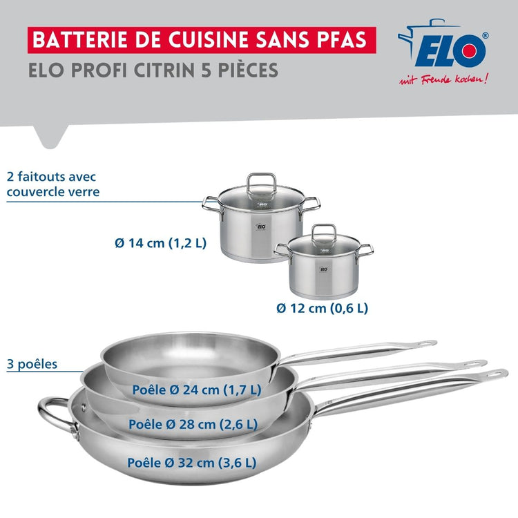 Ensemble de 3 Poêles de cuisson 24, 28 et 32 cm et 2 faitouts 12 et 14 cm Elo Profi Citrin