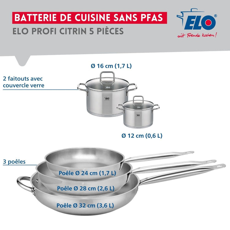 Ensemble de 3 Poêles de cuisson 24, 28 et 32 cm et 2 faitouts 12 et 16 cm Elo Profi Citrin