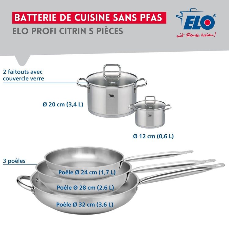 Ensemble de 3 Poêles de cuisson 24, 28 et 32 cm et 2 faitouts 12 et 20 cm Elo Profi Citrin