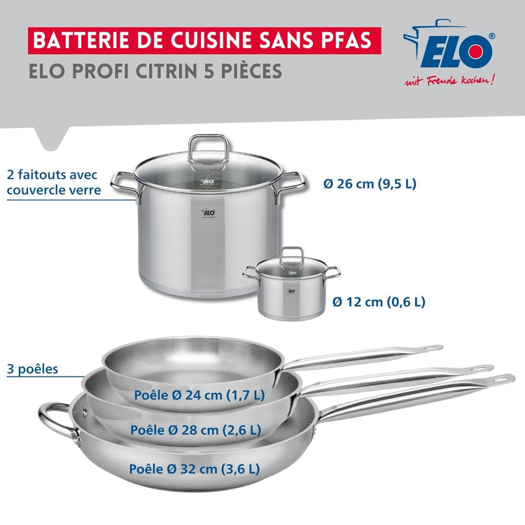 Ensemble de 3 Poêles de cuisson 24, 28 et 32 cm et 2 faitouts 12 et 26 cm Elo Profi Citrin