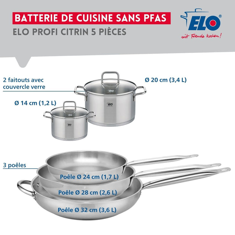 Ensemble de 3 Poêles de cuisson 24, 28 et 32 cm et 2 faitouts 14 et 20 cm Elo Profi Citrin