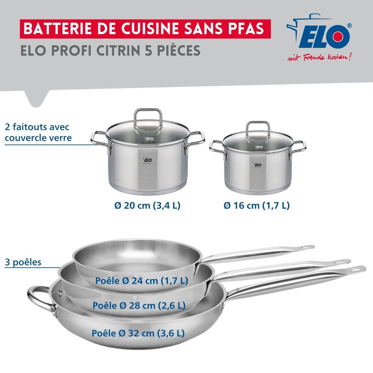 Ensemble de 3 Poêles de cuisson 24, 28 et 32 cm et 2 faitouts 16 et 20 cm Elo Profi Citrin