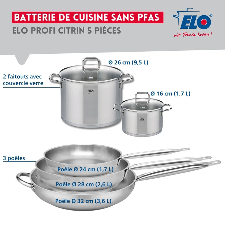 Ensemble de 3 Poêles de cuisson 24, 28 et 32 cm et 2 faitouts 16 et 26 cm Elo Profi Citrin