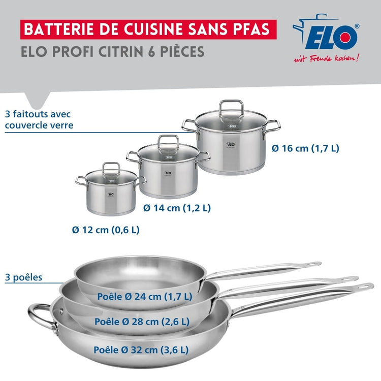 Ensemble de 3 Poêles de cuisson 24, 28 et 32 cm et 3 faitouts 12, 14 et 16 cm Elo Profi Citrin