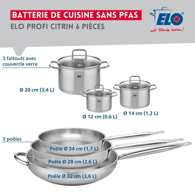 Ensemble de 3 Poêles de cuisson 24, 28 et 32 cm et 3 faitouts 12, 14 et 20 cm Elo Profi Citrin