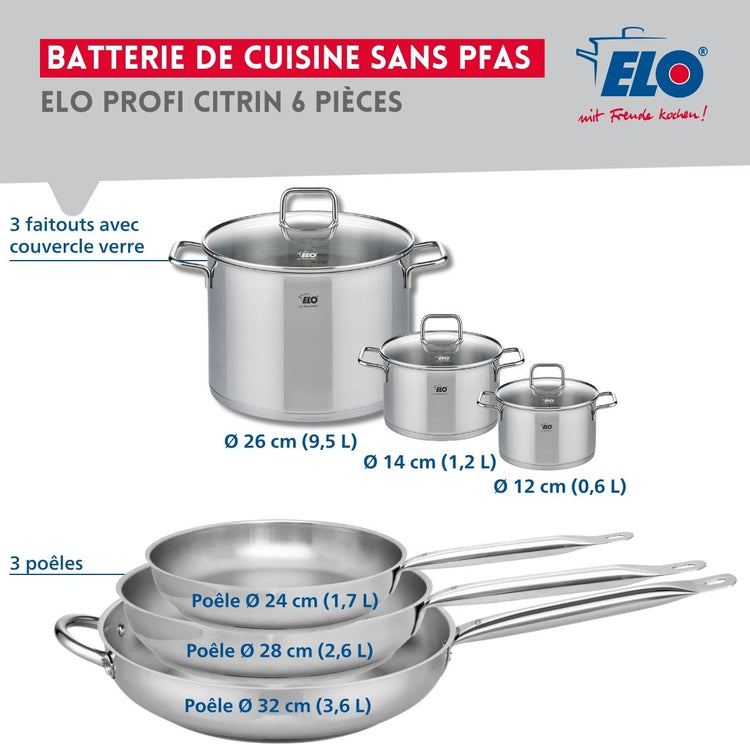 Ensemble de 3 Poêles de cuisson 24, 28 et 32 cm et 3 faitouts 12, 14 et 26 cm Elo Profi Citrin