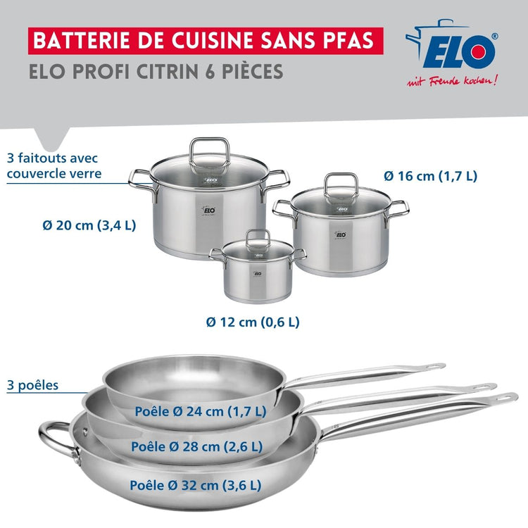 Ensemble de 3 Poêles de cuisson 24, 28 et 32 cm et 3 faitouts 12, 16 et 20 cm Elo Profi Citrin