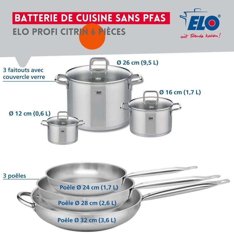 Ensemble de 3 Poêles de cuisson 24, 28 et 32 cm et 3 faitouts 12, 16 et 26 cm Elo Profi Citrin