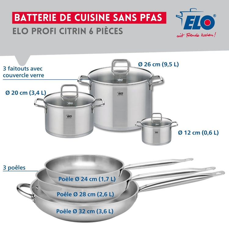 Ensemble de 3 Poêles de cuisson 24, 28 et 32 cm et 3 faitouts 12, 20 et 26 cm Elo Profi Citrin