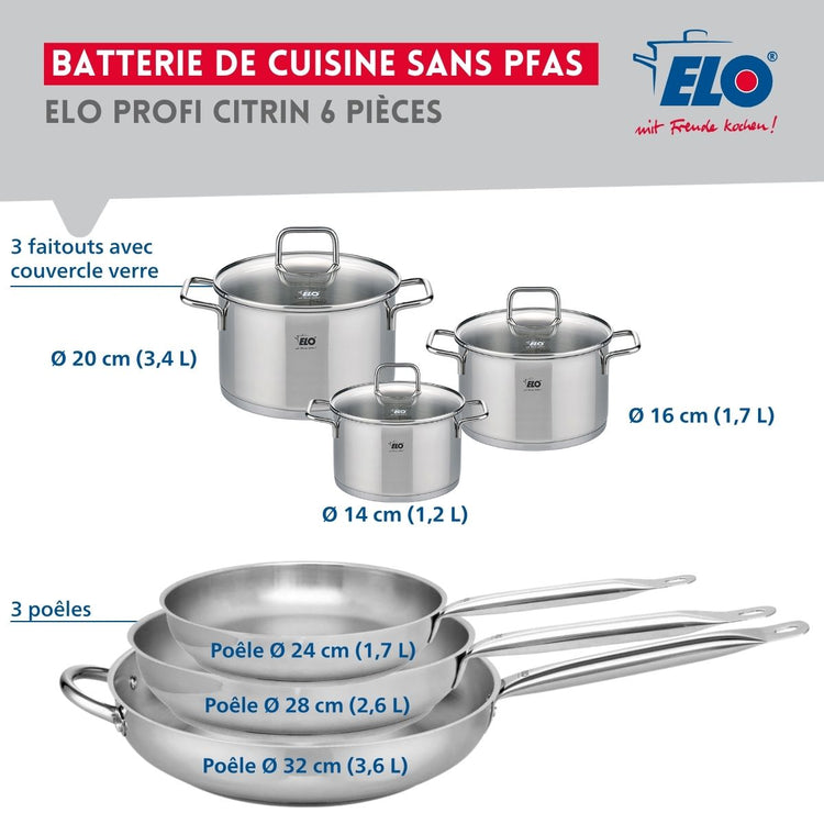 Ensemble de 3 Poêles de cuisson 24, 28 et 32 cm et 3 faitouts 14, 16 et 20 cm Elo Profi Citrin