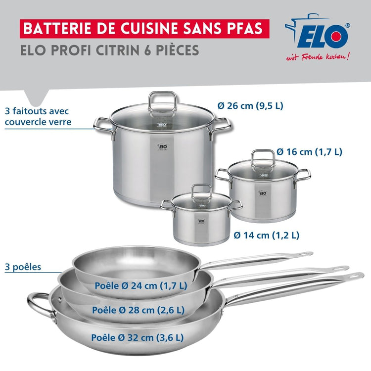 Ensemble de 3 Poêles de cuisson 24, 28 et 32 cm et 3 faitouts 14, 16 et 26 cm Elo Profi Citrin