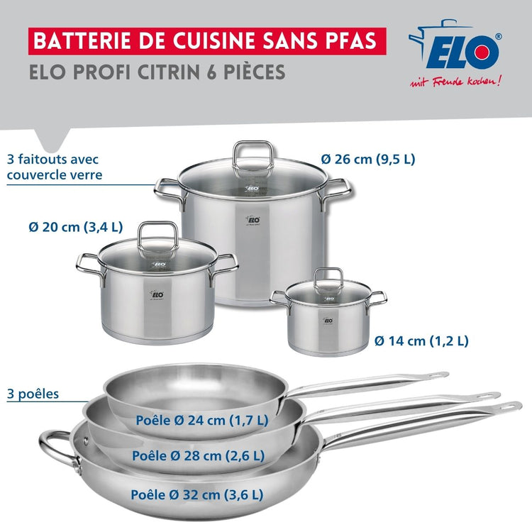 Ensemble de 3 Poêles de cuisson 24, 28 et 32 cm et 3 faitouts 14, 20 et 26 cm Elo Profi Citrin