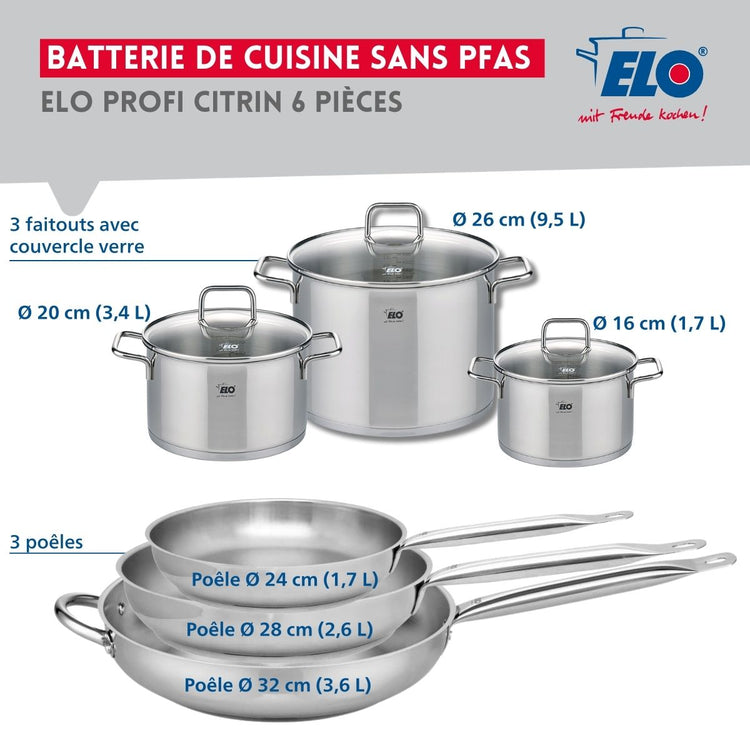 Ensemble de 3 Poêles de cuisson 24, 28 et 32 cm et 3 faitouts 16, 20 et 26 cm Elo Profi Citrin