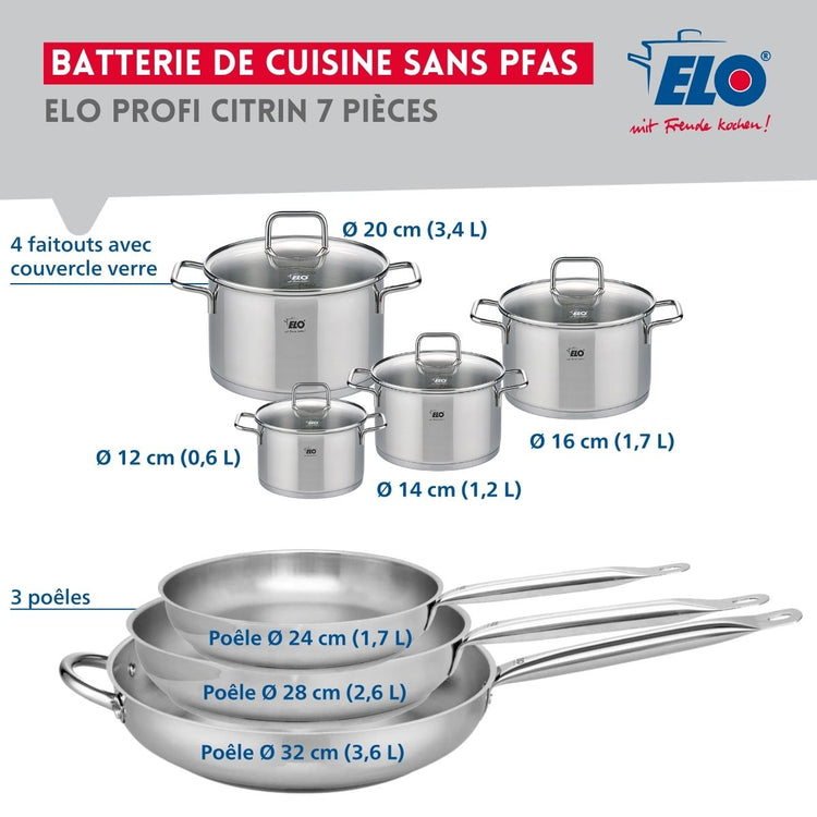 Ensemble de 3 Poêles de cuisson 24, 28 et 32 cm et 4 faitouts 12, 14, 16 et 20 cm Elo Profi Citrin